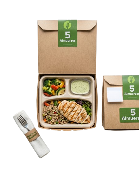 Cajas de almuerzo 5 Almuerzos con logo, listas para entrega en oficina