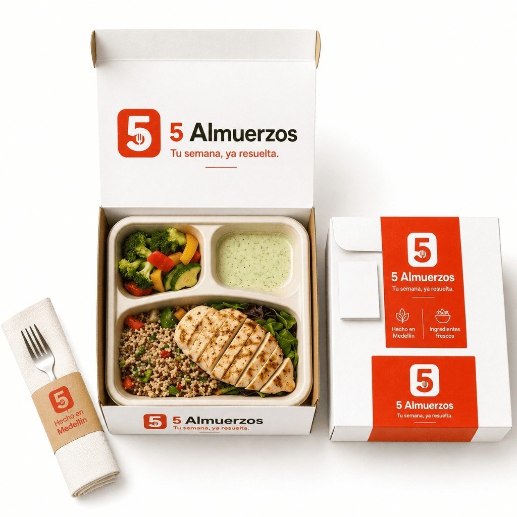 Pack 5 Almuerzos: caja abierta con almuerzo saludable y empaque con logo